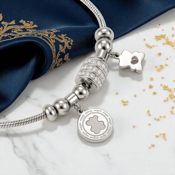 🆕️18K White Gold Plated Bear Charm Bracelet with Rhinestones Beads Trendy Gift - Picture 7 of 13